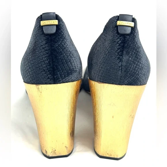 Calvin Klein Neema Velvet Gold Block High Heel Blue Size 10 - Picture 2 of 9
